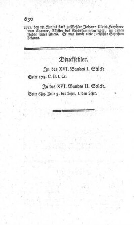 Druckfehler. In des XVI. Bandes I. Stücke - In des XVI. Bandes II. Stücke.