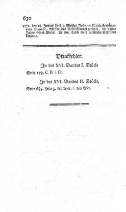 Druckfehler. In des XVI. Bandes I. Stücke - In des XVI. Bandes II. Stücke.