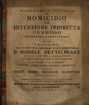 Dissertatio Iuridica de Homocidio Ex Intentione Indirecta Commisso