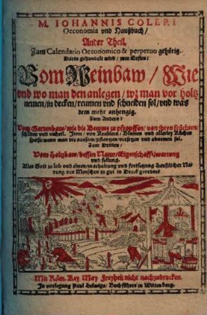 Oeconomia Oder Hausbuch, M. Johannis Coleri ... Theil : Zum Calendario Oeconomico & perpetuo gehörig. 2