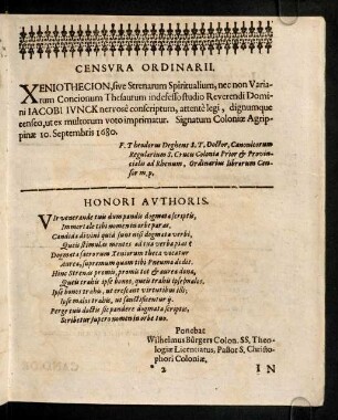 2r-3v, Censura Ordinarii; Honori Authoris; ...
