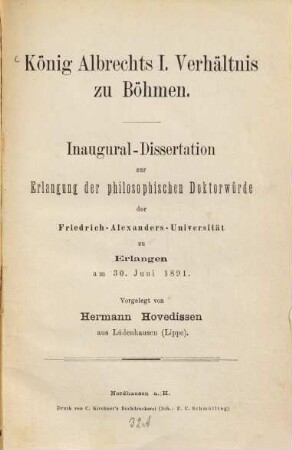 König Albrechts I. Verhältnis zu Böhmen : Inaugural-Dissertation