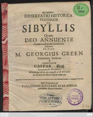 Dissertatio Historica Posterior De Sibyllis