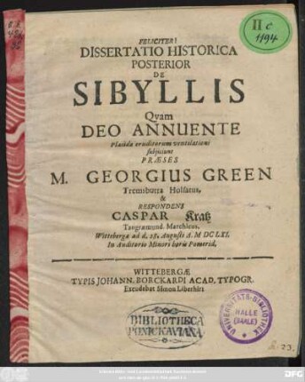 Dissertatio Historica Posterior De Sibyllis