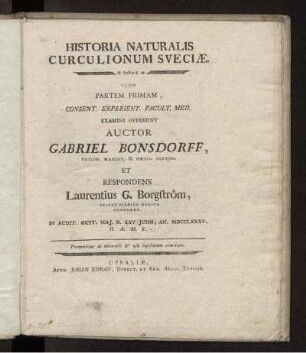 P. 1: Historia naturalis curculionum Sveciae. P. 1