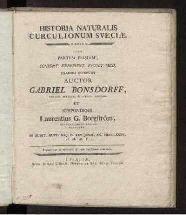 P. 1: Historia naturalis curculionum Sveciae. P. 1