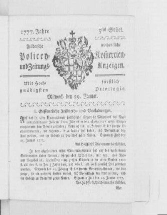 5tes Stück, Ausgabe vom 29. Januar 1777