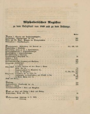 Alphabetisches Register zu dem Gesetzblatt von 1849 und zu dem Anhange