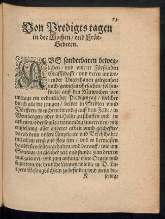 Von Predigts tagen in der Wochen/ und Früe Gebeten.