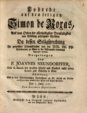 Lobrede auf den seligen Simon de Roxas, als das Fest seiner Seligsprechung den 7. Brachmonats 1767 ... begangen wurde