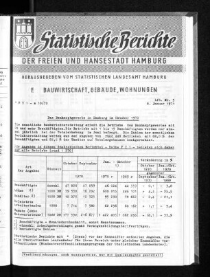 Das Bauhauptgewerbe in Hamburg im Oktober 1970 : Lfd. Nr. 3