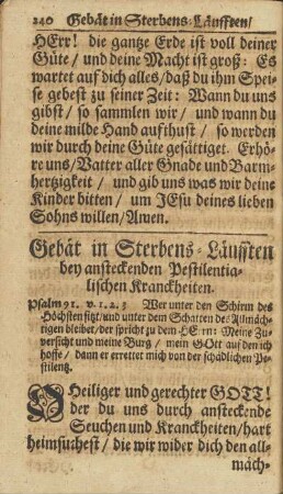 Gebät in Sterbens-Läufften bey ansteckenden Pestilentialischen Kranckheiten.