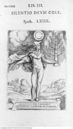 Achillis Bocchii Bonon. symbolicarum quaestionum, ... Libri quinque., 3. Buch, Seite CXXXVIII, Symbol LXIIII: Silentio Deum cole: Hermes gebietet Stille.