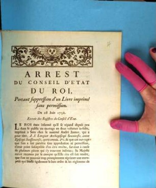 Arrest Du Conseil D'Etat Du Roi, Portant suppression d'un Livre imprimé sans permission, Du 28 Juin 1752 : Extrait des Registres du Conseil d'État