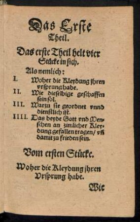 Vom ersten Stücke. Woher die Kleydung ihren Ursprung habe.