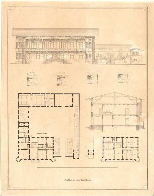 Beyschlag, Franz Xaver; Gasthof an einer Landstraße - Grundrisse, Teilgrundriss, Ansicht, Schnitt