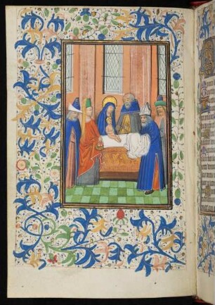 Vollbordürenseite mit Miniatur (Darbringung im Tempel) und Blattrankenbordüre