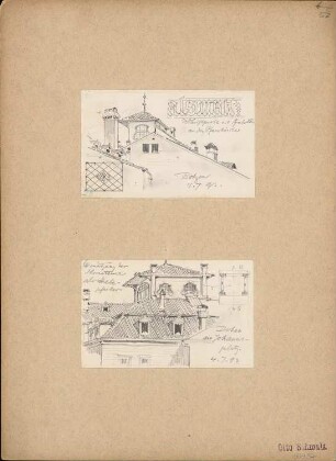 Bozen, Schriftprobe eines Grabsteins, Ansicht eines Turms am Johannsplatz (heute: Waltherplatz): Perspektivische Ansicht, Details und Grundriss