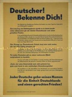 Maueranschlag mit dem Aufruf des Landesausschusses Sachsen zur Teilnahme am Volksbegehren für die Einheit Deutschlands und den Abschluss eines Friedensvertrages