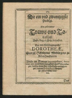 Die ein und zwantzigste Predigt. Ein plötzlicher Trawr- und TodesFall ...