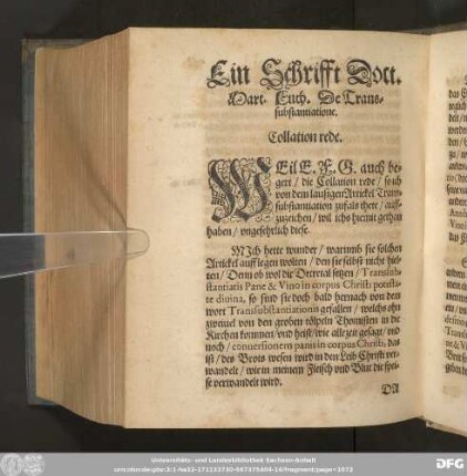 Ein Schrifft Doct. Mart. Luth. De Transsubstantiatione. Collation rede.