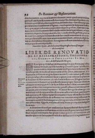 Liber De Renovatione Et Restauratione, Theophrasti, Germaniae Philosophi Et Medici, dicti Paracelsi Magni