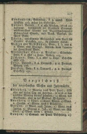 Verzeichniß der vornehmsten Messen und Jahrmärkte