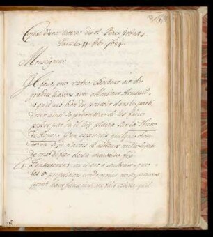 Copie d'une lettre du K. Pere Jobert. Paris le 11. Febr: 1684.