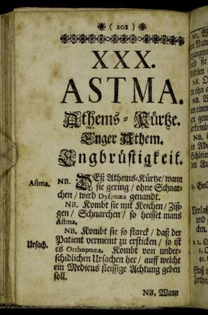 XXX. Astma. Athems-Kürtze. Enger Athem. Engbrüstigkeit. - XXXI. Empyæma. Brust-Beschwär. - XXXII. Raucedo. Haiserkeit.