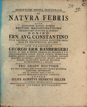 Dissertatio Medica Inavgvralis De Natura Febris