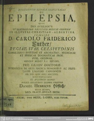 Dissertatio Medica Inauguralis De Epilepsia