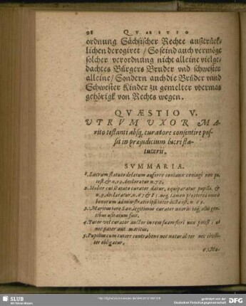Quaestio V. Utrum Uxor Marito testanti absq[ue] curatore consentire possit in praeiudicium lucri statutarii