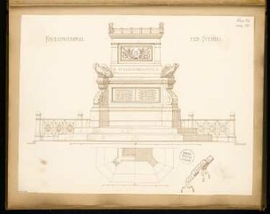 Gefallenendenkmal, Stendal Monatskonkurrenz März 1875: Grundriss (2 Ebenen auf Vierteln) 1:40, Aufriss Seitenansicht 1:20; 2 Maßstabsleisten