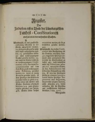 Register, Der In diesem ersten Theile der Lüneburgischen Landes-Constitutionen enthaltenen vornehmsten Sachen.