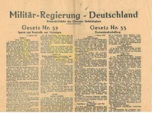 Gesetz Nr. 52 (Vermögenskontrolle) und 53 (Devisenbewirtschaftung) der Militär-Regierung (englisch/deutsch)