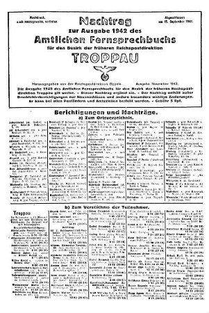 Nachtrag zur Ausgabe 1942 Amtliches Fernsprechbuch