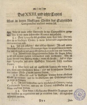 Das XXIII. und letzte Capitel saget, Was in denen künfftigen Theilen des Satyrischen Componisten tractiret werden soll.