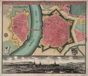Plan von Dresden, 1:6 000, Kupferstich, nach 1730 : Dresda ad Albim, Saxoniae superioris metropolis, ac magnifica Ducis Electoris et Regis Poloniae Sedes = Dresden an der Elb, eine Haupt-Statt des Obern Sachsen u. Höchst vortreffliche Residentz des dasigen Churfürsten u. Konigs in Pohlen / opera et sumptibus Matth. Seutteri. - [ca. 1: 6 000]. - Augsp[urg] : Seutter , [nach 1730]. - 1 Kt. : Kupferstich ; Blattgr. 56 x 49 cm