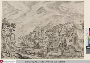 [Flusslandschaft mit Gebirge, Dorf mit Kirche und Windmühle; Village on a river, in the foreground a wagon with three horses]
