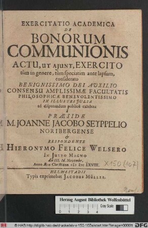 Exercitatio Academica De Bonorum Communionis Actu, Ut Aiunt, Exercito tum in genere, tum speciatim ante lapsum, considerato
