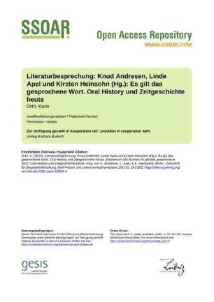 Literaturbesprechung: Knud Andresen, Linde Apel und Kirsten Heinsohn (Hg.): Es gilt das gesprochene Wort. Oral History und Zeitgeschichte heute