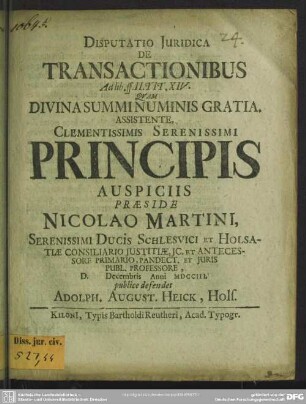 Disputatio Iuridica De Transactionibus Ad lib. ff. II. Tit. XIV.