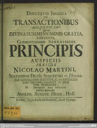 Disputatio Iuridica De Transactionibus Ad lib. ff. II. Tit. XIV.
