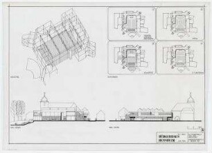 Wettbewerb Bürgerhaus Bensheim, Umbau Dalberger Hof (nicht realisiert) – Südansicht, Ostansicht, Isometrie, Grundrisse mit Nutzungsvarianten. Bensheim/Hessen