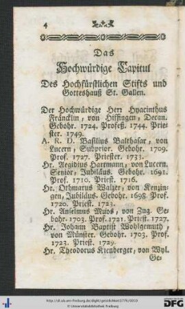 Das Hochwürdige Capitul des Hochfürstlichen Stifts und Gotteshauß St. Gallen.