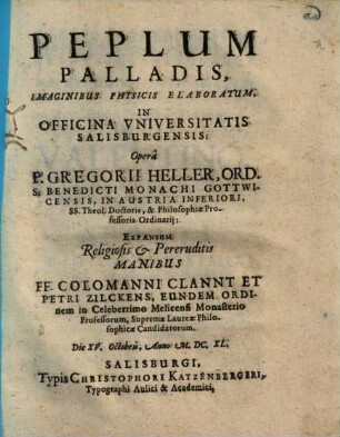 Peplum Palladis, Imaginibus Physicis Elaboratum, In Officina Vniversitatis Salisburgensis
