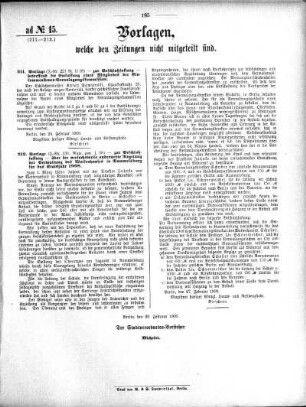 Anlage: ad No.15 (211-212.), Vorlagen, welche den Zeitungen nicht mitgeteilt sind