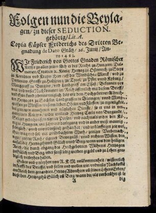 Folgen nun die Beylagen/ zu dieser Seduction. gehörig