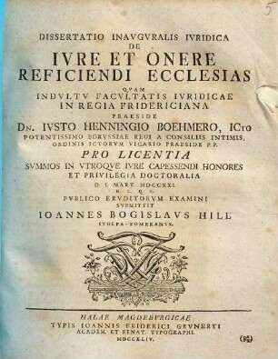 Dissertatio inavgvralis ivridica de ivre et onere reficiendi ecclesias