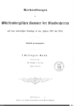2,25: Landtag Württemberg - Kammer 1, Beilagen 1901-1904, Bd. 1